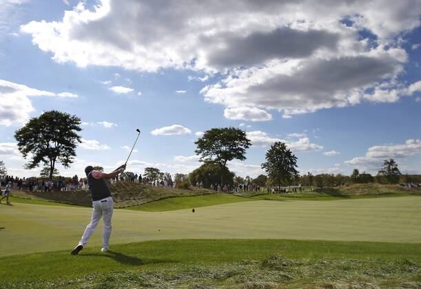 Phil Mickelson of the United States hits from the fairway on the 11th hole on day two of the Presidents Cup on September 29, 2017 at Liberty National Golf Club in Jersey City, New Jersey.  NYP20170929508 RICHxSCHULTZ