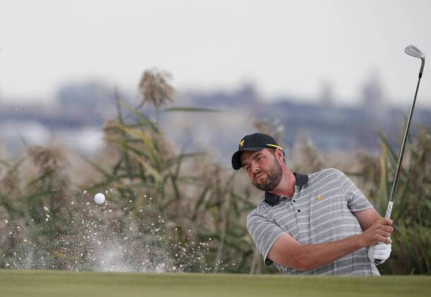 Marc Leishman of the International Team hits a shot from a bunker onto the 11th green on day two of the Presidents Cup on September 29, 2017 at Liberty National Golf Club in Jersey City, New Jersey.  NYP20170929511 RICHxSCHULTZ