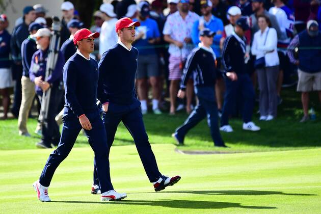 September 30, 2017 - Jersey City, New Jersey, U.S - Rickie Fowler of the US Team(left) and Justin Thomas of the US Team(right) approach the 12th hole during Saturday matches of the Presidents Cup at Liberty National Golf Club in Jersey City, NJ GOLF 2017 - Presidents Cup - ZUMAc119 20170930_zaf_c119_016 Copyright: xBrianxCianciox