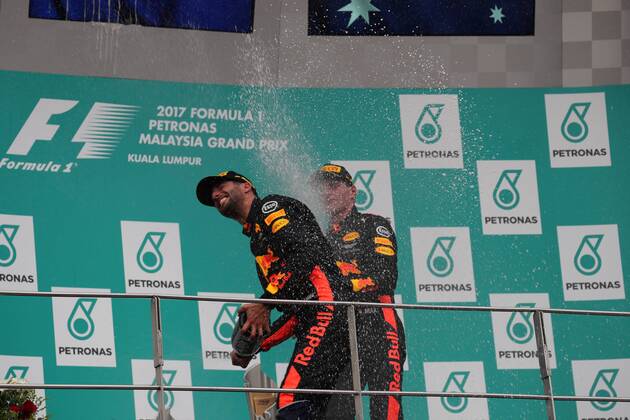 01.10.2017 - Race, 3rd place Daniel Ricciardo (AUS) Red Bull Racing RB13 and Max Verstappen (NED) Red Bull Racing RB13 race winner Malaysian Grand Prix, Sepang 28 September - 1 October 2017 01.10.2017 - Race, 3rd place Daniel Ricciardo (AUS) Red Bull Racing RB13 and Max Verstappen (NED) Red Bull Racing RB13 race winner