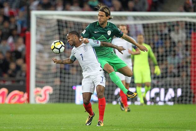 England v Slovenia 2018 FIFA World Cup WM Weltmeisterschaft Fussball Qualifying Raheem Sterling of England and Rene Krhin of Slovenia in action during the 2018 FIFA World Cup Qualifying match at Wembley Stadium, London, UK. Content Not Available For UK Newspapers Copyright: xPaulxChestertonx FIL-10770-0007