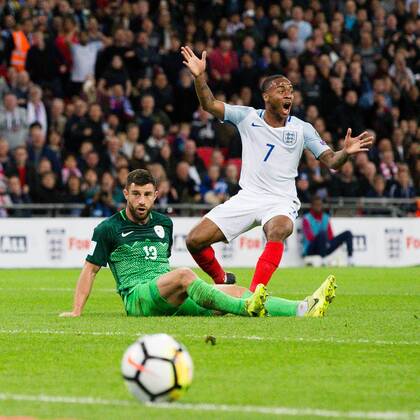 England?s Raheem Sterling has a shot blocked close to the goal line during the World Cup Qualifying - European - Group F match at Wembley Stadium, London. Picture date 5th October 2017. Picture credit should read: Charlie Forgham-Bailey Sportimage EDITORIAL USE ONLY. No use with unauthorised audio, video, data, fixture lists, club league logos or live services. Online in-match use limited to 120 images, no video emulation. No use in betting, games or single club league player publications.