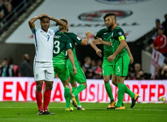England v Slovenia 2018 FIFA World Cup WM Weltmeisterschaft Fussball Qualifying Raheem Sterling of England frustrated as he sees his shot cleared off the line during the 2018 FIFA World Cup Qualifying match at Wembley Stadium, London, UK Content Not Available For UK Newspapers Copyright: xLiamxMcAvoyx FIL-10771-0039