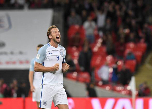 Harry Kane of England celebrates scoring the winning goal during the FIFA World Cup WM Weltmeisterschaft Fussball 2018 Qualifier First Round match between England and Slovenia at Wembley Stadium, London, England on 5 October 2017. Copyright: xVincexMignottx 17050016