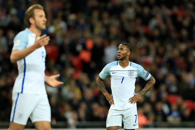 5th October 2017, Wembley Stadium, London, England; FIFA World Cup WM Weltmeisterschaft Fussball Qualification, England versus Slovenia; Raheem Sterling of England looks up at the big screen watching the replay on his missed chance on goal  ActionPlus11937874