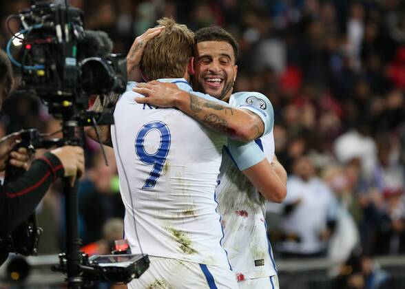 5th October 2017, Wembley Stadium, London, England; FIFA World Cup WM Weltmeisterschaft Fussball Qualification, England versus Slovenia; Harry Kane, the England captain celebrates after scoring his sides 1st goal in the 2nd half extra time to make it 1-0 with Kyle Walker of England  ActionPlus11937894