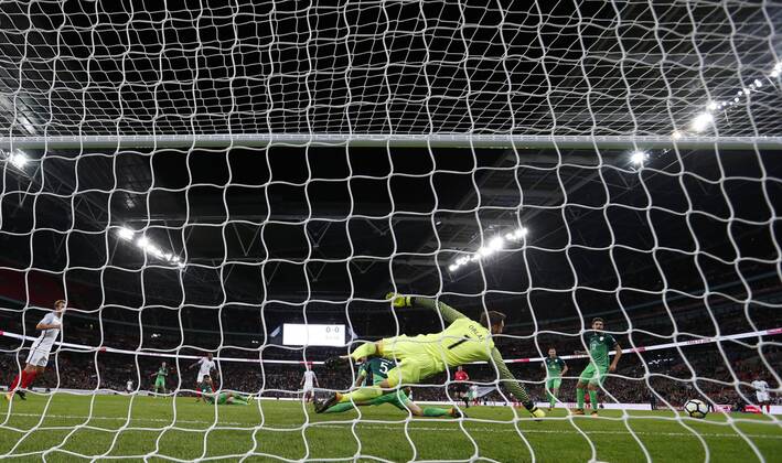 (171006) -- LONDON, Oct. 6, 2017 -- Jan Oblak, goalkeeper of Slovenia saves the ball during the FIFA World Cup WM Weltmeisterschaft Fussball 2018 European Qualifier Group E match between England and Slovenia at Wembley Stadium, in London, Britain on Oct. 5, 2017. England won 1-0. ) (SP)BRITAIN-LONDON-FOOTBALL-WORLD CUP QUALIFIER-ENGLAND VS SLOVENIA HanxYan 