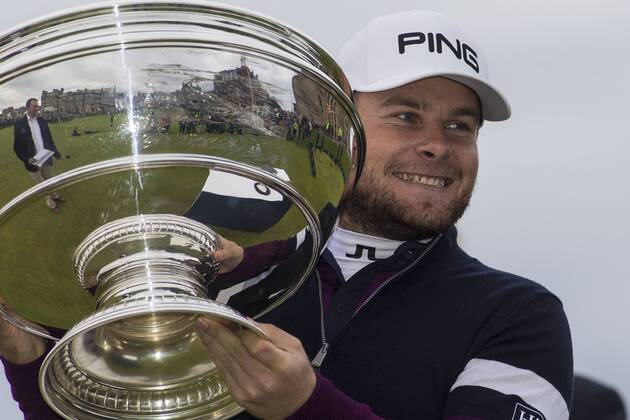 8th October 2017, Old Course, St Andrews, Scotland; Alfred Dunhill Links Championship, final round; Tyrrell Hatton on the 18th green with the Alfred Dunhill Links Championship Cup after his -24 card and win  ActionPlus11939293