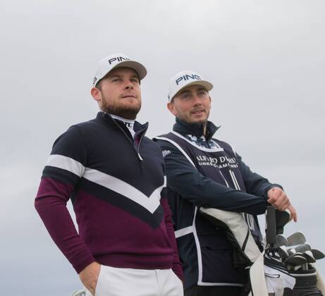 8th October 2017, Old Course, St Andrews, Scotland; Alfred Dunhill Links Championship, final round; England& x2019;s Tyrrell Hatton and caddie Johnathon Bell reflect on being 3 up with 3 to play  ActionPlus11939298