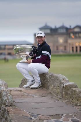 8th October 2017, Old Course, St Andrews, Scotland; Alfred Dunhill Links Championship, final round; England& x2019;s Tyrrell Hatton with the Alfred Dunhill Kinks trophy after his -24 carded win on the Old Course, St Andrews  ActionPlus11939302