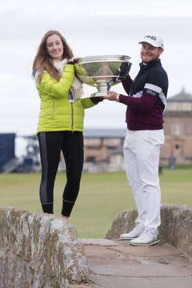8th October 2017, Old Course, St Andrews, Scotland; Alfred Dunhill Links Championship, final round; England& x2019;s Tyrrell Hatton and girlfriend Emily Braisher with the Alfred Dunhill Kinks trophy after his -24 carded win on the Old Course, St Andrews  ActionPlus11939303