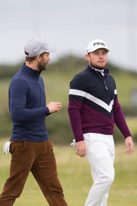 8th October 2017, Old Course, St Andrews, Scotland; Alfred Dunhill Links Championship, final round; England& x2019;s Tyrrell Hatton and amateur partner actor Jamie Dornan during the final round of the Alfred Dunhill Links Championship on the Old Course, St Andrews  ActionPlus11939313
