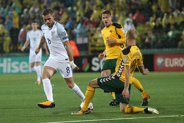Lithuania v England 2018 FIFA World Cup WM Weltmeisterschaft Fussball Qualifying Jordan Henderson of England and Vytautas Andriuskevicius of Lithuania in action during the 2018 FIFA World Cup Qualifying match at LFF Stadium, Vilnius Content Not Available For UK Newspapers Copyright: xPaulxChestertonx FIL-10791-0205