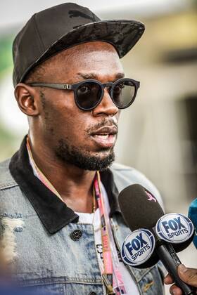 AUSTIN, TX - OCTOBER 22: Usain Bolt answers reporters questions prior to the Formula 1 United States Grand Prix on October 22, 2017, at the Circuit of the Americas in Austin, TX. (Photo by John Crouch Icon Sportswire) AUTO: OCT 22 F1 - United States Grand Prix Icon17102202321 EDITORIAL USE ONLY