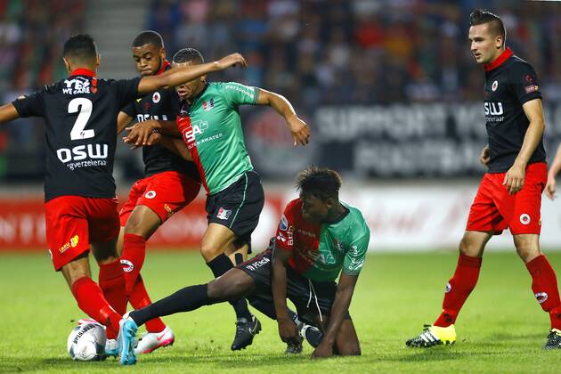 Nijmegen NEC Excelsior Football Ears Divisia season 2015 2016 12 08 2015 Excelsior player Khalid Karami L with Excelsior player Brandley Kuwas M NEC player Gregor Breinburg M NEC player Anthony Limbombe M and Excelsior player Jeff Pause R NEC Excelsior