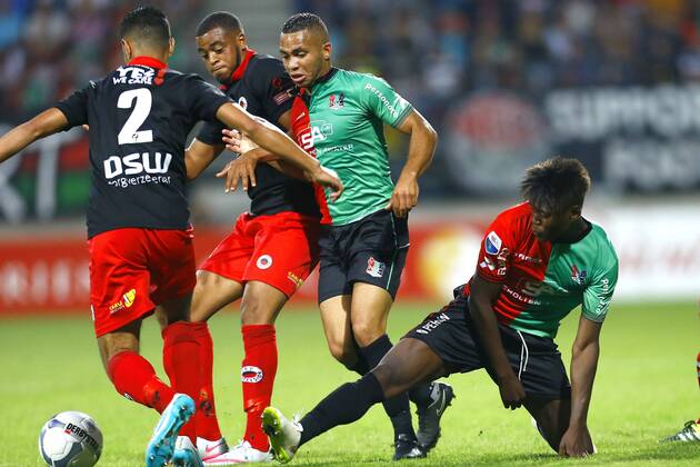 Nijmegen NEC Excelsior Football Ears Divisia season 2015 2016 12 08 2015 Excelsior player Khalid Karami L with Excelsior player Brandley Kuwas M NEC player Gregor Breinburg M NEC player Anthony Limbombe R NEC Excelsior