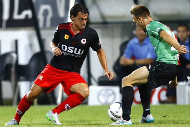 Nijmegen NEC Excelsior Football Ears Divisia season 2015 2016 12 08 2015 Excelsior player Daryl from Mieghem L with NEC player Kristjan Emilsson R NEC Excelsior