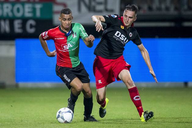 Nijmegen NEC Excelsior Football Eredivsie season 2015 2016 12 08 2015 Stadium the Goffert NEC player Gregor Breinburg L Excelsior player Jeff Pause R NEC Excelsior