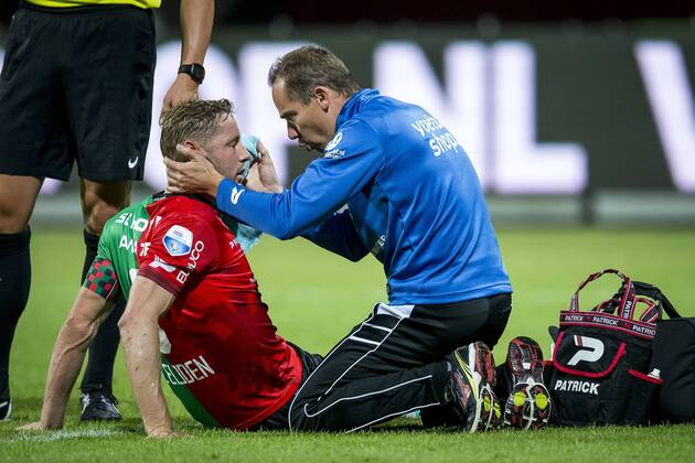 Nijmegen NEC Excelsior Football Eredivsie season 2015 2016 12 08 2015 Stadium the Goffert NEC player Clean from Eijden lies injured on the field and shall later fall out NEC Excelsior