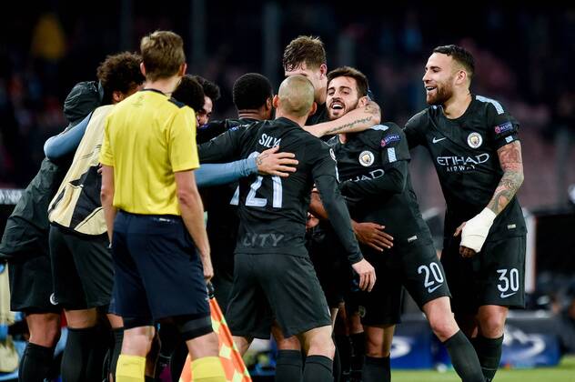 Raheem Sterling of Manchester City celebrates scoring fourth goal during the UEFA Champions League group F match between Napoli and Manchester City at Stadio San Paolo Naples Italy on 1 November 2017 Photo by Giuseppe Maffia xGiuseppexMaffiax xUKSPx AFP7x xNapolixvxManchesterxCity,xItaly,xNovx1thx2017x