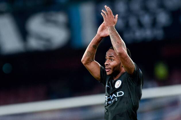 Raheem Sterling of Manchester City celebrate the victory during the UEFA Champions League group F match between Napoli and Manchester City at Stadio San Paolo Naples Italy on 1 November 2017 Photo by Giuseppe Maffia xGiuseppexMaffiax xUKSPx AFP7x xNapolixvxManchesterxCity,xItaly,xNovx1thx2017x