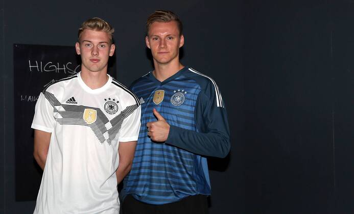 DFB and the team present World Cup jersey 2018 at THE BASE in Berlin 07 11 17 Image Julian Brandt and Bernd Leno DFB and the team present World Cup jersey 2018
