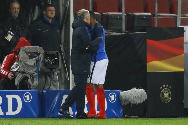 National coach Didier Deschamps France France with Alexandre Lacazette France France 14 11 2017 Germany vs France Rhine Energy Stadium Cologne