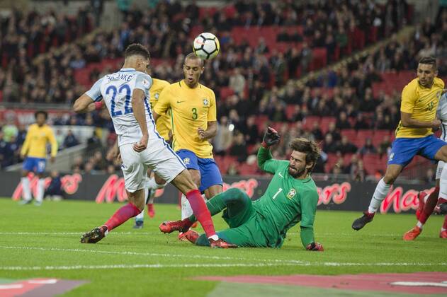 Dominic Solanke of England is denied by Alisson of Brazil during the International Friendly Länderspiel match between England and Brazil at Wembley Stadium, London, England on 14 November 2017. Copyright: xDarrenxMusgrovex 17720067