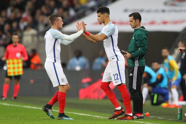 England v Brazil International Friendly L?nderspiel Jamie Vardy of England is replaced by debutant Dominic Solanke of England during the International Friendly match at Wembley Stadium, London Content Not Available For UK Newspapers Copyright: xPaulxChestertonx FIL-10952-0065