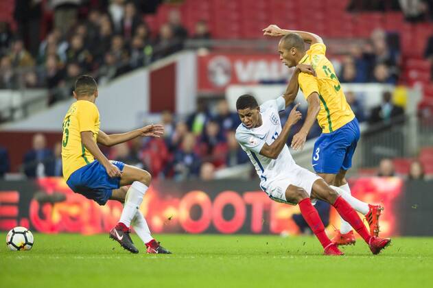 Marcus Rashford of England see s his progress thwarted by Miranda of Brazil during the International Friendly Länderspiel match between England and Brazil at Wembley Stadium, London, England on 14 November 2017. Copyright: xDarrenxMusgrovex 17720070