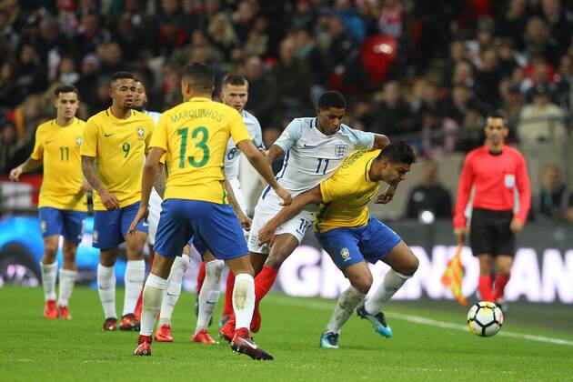 England v Brazil International Friendly L?nderspiel Marcus Rashford of England gets to grips with Casemiro of Brazil in action during the International Friendly match at Wembley Stadium, London Content Not Available For UK Newspapers Copyright: xPaulxChestertonx FIL-10952-0130