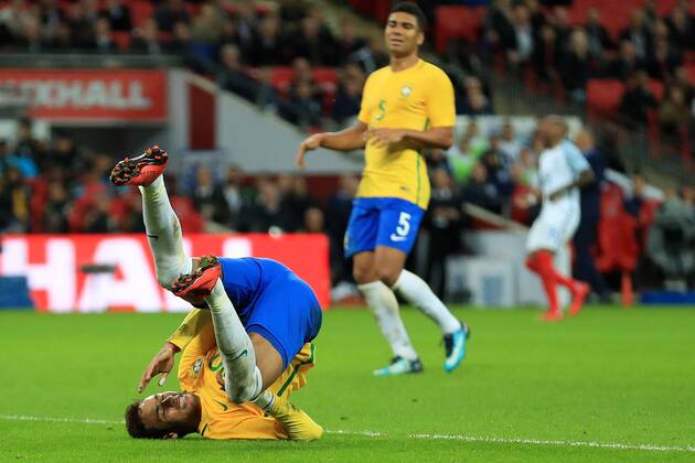 14th November 2017, Wembley Stadium, London, England; International football friendly, England versus Brazil; Neymar of Brazil miss times his shot and falls to the floor  ActionPlus11951557