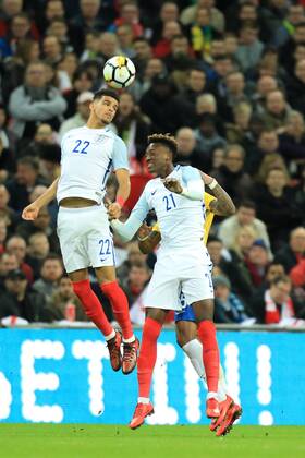14th November 2017, Wembley Stadium, London, England; International football friendly, England versus Brazil; Dominic Solanke of England wins a header  ActionPlus11951535