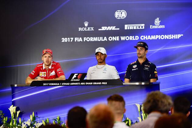 Daniel Ricciardo AUS 3 Red Bull Racing Lewis Hamilton GB 44 Mercedes AMG Petronas Motorsport Sebastian Vettel GER 5 Scuderia Ferrari Grand Prix of ABU DHABI 2017 Preparations Motorsport Formula 1 23 11 2017 ABU DHABI Copyright: xAndre Eibner-Pressefotox EP_JAE