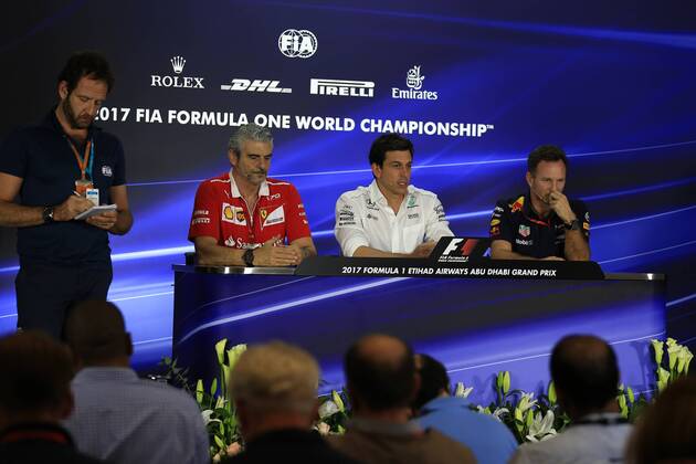 24th November 2017, Yas Marina Circuit, Abu Dhabi, UAE; Abu Dhabi Formula One Grand Prix, Friday Team press conference PK Pressekonferenz Maurizio Arrivabene & x2013; Managing Director and Team Principal of Scuderia Ferrari, Christian Horner - Team Principal of Red Bull Racing and Toto Wolff - Executive Director &amp; Head of Mercedes-Benz Motorsport  ActionPlus11955418