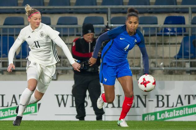 v left Alexandra Popp Germany 11 in duel duel with Laura Georges France 4 Football Women International Germany France xobx