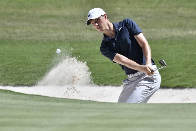 26th November 2017, The Australian Golf Club, Sydney, Australia; Emirates Australian Open Golf, final round; Winner Cameron Davis (AUS) plays out of the bunker  ActionPlus11956387