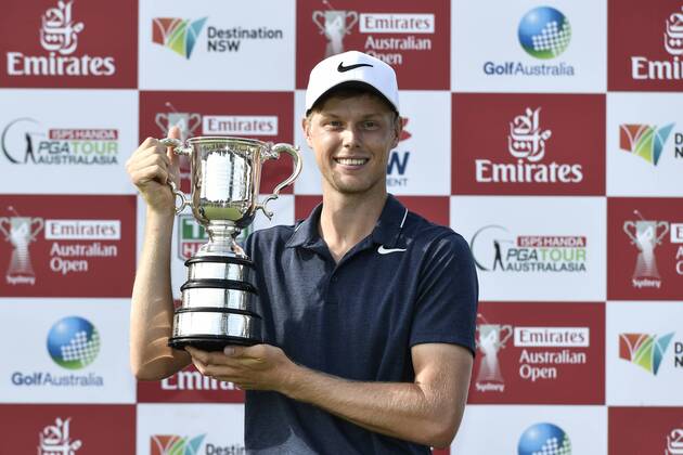 26th November 2017, The Australian Golf Club, Sydney, Australia; Emirates Australian Open Golf, final round; Winner Cameron Davis (AUS) with the Stonehaven Trophy  ActionPlus11956410