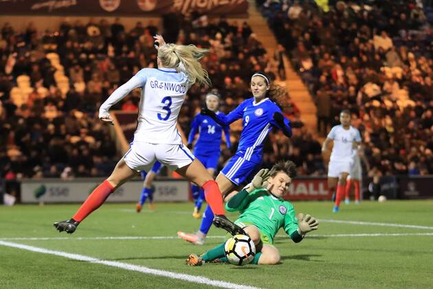 28th November 2017, Weston Homes Community Stadium, Colchester, England; Womens World Cup Qualification, England Women versus Kazakhstan Women; Irina Sandaova of Kazakhstan saves Alex Greenwood of England cross  ActionPlus11957167