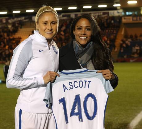 England Women v Kazakhstan Women 2019 FIFA Womens World Cup Qualifer Steph Houghton of England presents Alexandra Virina Scott a shirt to commemorate her 140 appearances for the England Women s national team Nationalteam before the 2019 FIFA Women s World Cup Qualifying match at the Weston Homes Community Stadium, Colchester Content Not Available For UK Newspapers Copyright: xPaulxChestertonx FIL-11025-0083