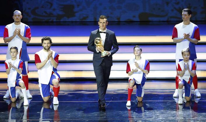 2018 World Cup draw Former Germany striker Miroslav Klose walks on stage with the World Cup trophy at the draw for the 2018 soccer World Cup finals in Moscow on Dec. 1, 2017. 