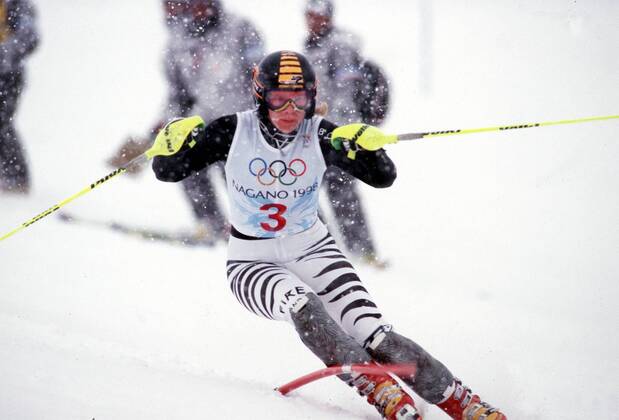 Katja Seizinger Ski Alpin Olympia 1998 in Nagano 08 02 1998 Gold medal in downhill and combination Bronze medal in the RSL action Slalom Nagano Japan