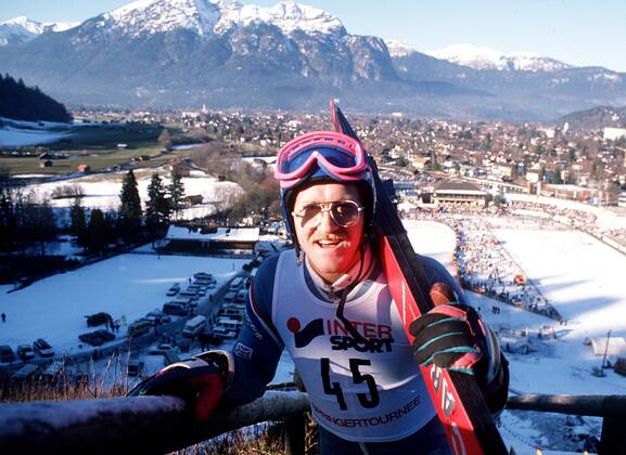 Eddie the Eagle the first pop star of ski jumper with real name of Eddie Edwards of England recorded during the new year s ski jumping in Garmisch on 01 01 1980 sport ski jumping single action Garmisch Germany