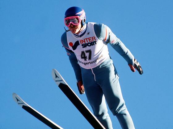Eddie the Eagle the first pop star of ski jumper with real name of Eddie Edwards of England recorded during the new year s ski jumping in Garmisch on 01 01 1990 sports ski jumping single action Garmisch Germany