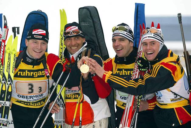 Biathlon relay of men s Sven Fischer, Frank Luck Ricco Gross and Michael Greis v left Biathlon World Cup in Oberhof in 2004 sport biathlon gold medal Oberhof Germany 00009