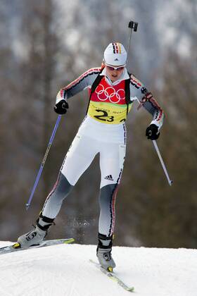 Biathlon women s relay silver medal Olympic Games 2006 was taken in San Sicario on 23 02 2006 Katrin Apel action San Sicario, Italy