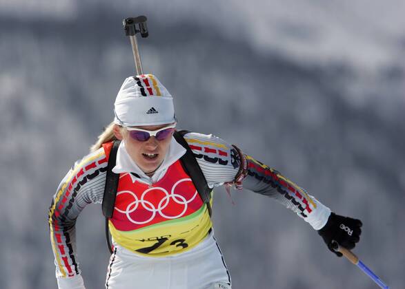 Biathlon women s relay silver medal Olympic Games 2006 was taken in San Sicario on 23 02 2006 Katrin Apel action San Sicario, Italy