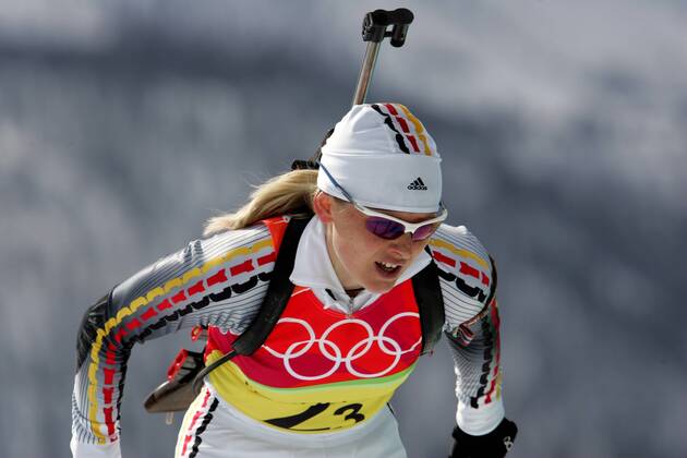 Biathlon women s relay silver medal Olympic Games 2006 was taken in San Sicario on 23 02 2006 Katrin Apel action San Sicario, Italy