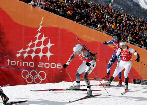 Biathlon women s relay silver medal Olympic Games 2006 was taken in San Sicario on 23 02 2006 Martina Glagow action before Olympic logo San Sicario Italy