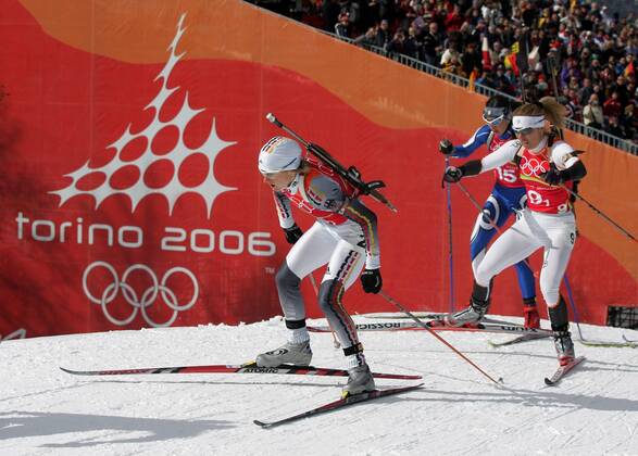 Biathlon women s relay silver medal Olympic Games 2006 was taken in San Sicario on 23 02 2006 Martina Glagow action before Olympic logo San Sicario Italy